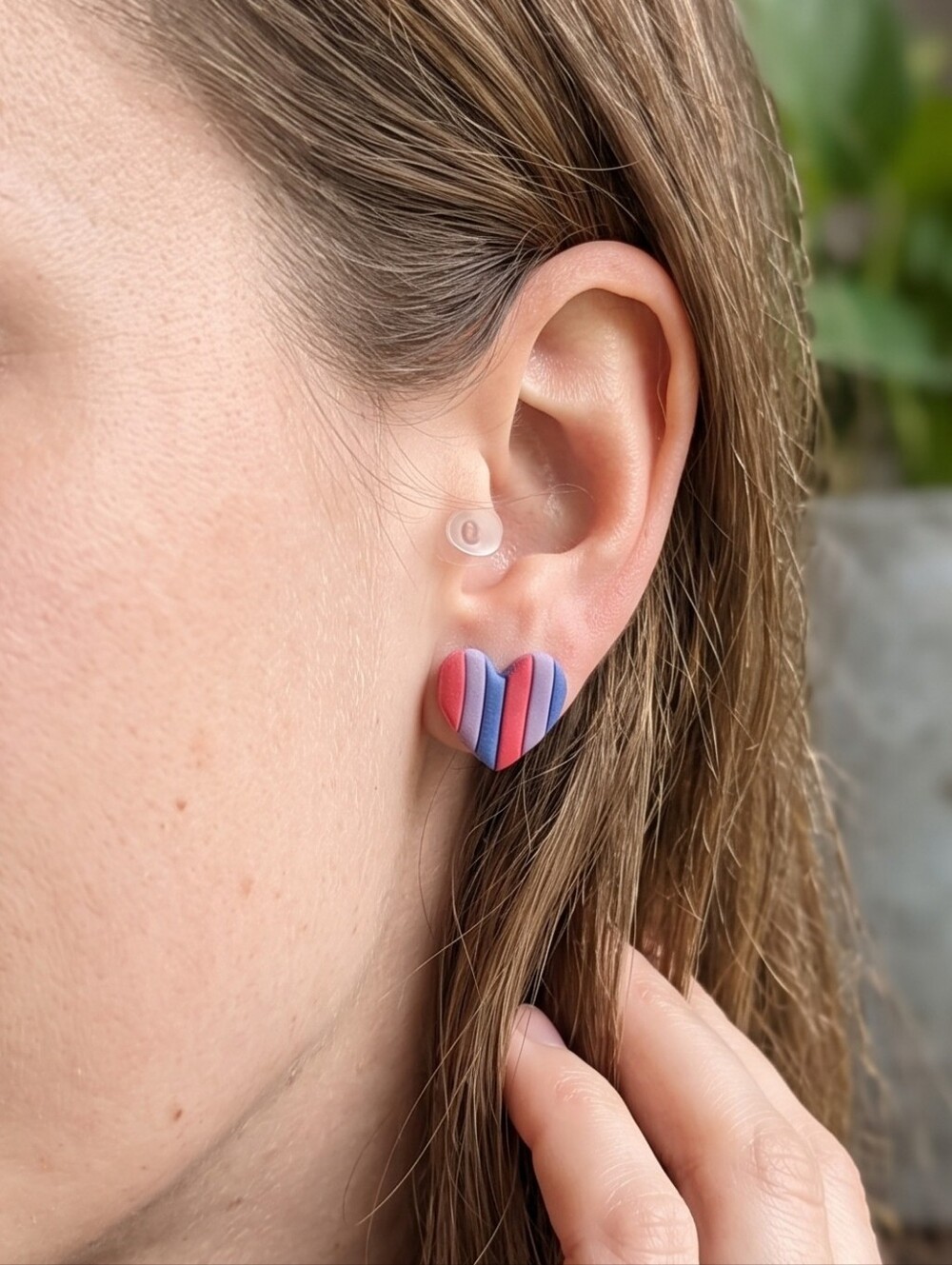 Claysey Creations Handmade Striped Heart Clay Stud Earrings Dopamine Coquette
